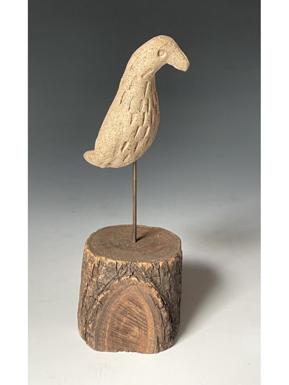 Primitive Rustic Americana Style Terracotta Art Pottery Bird Figurine on Stump